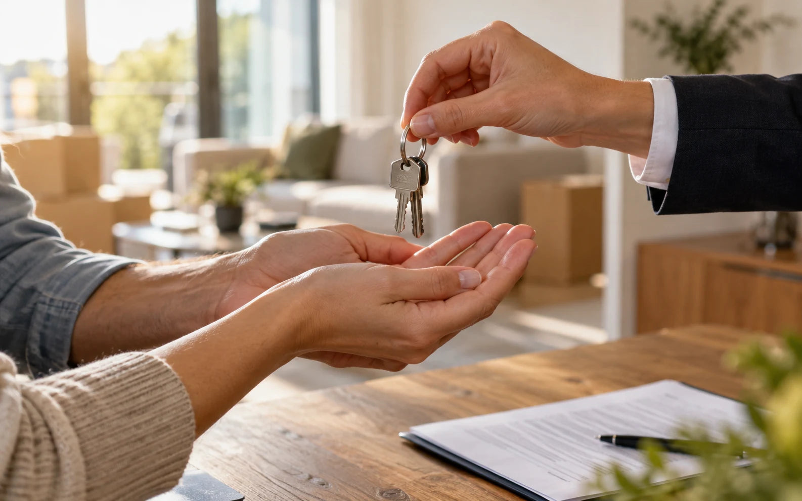 Mâinile unui agent imobiliar oferind cheile unei locuințe noilor proprietari